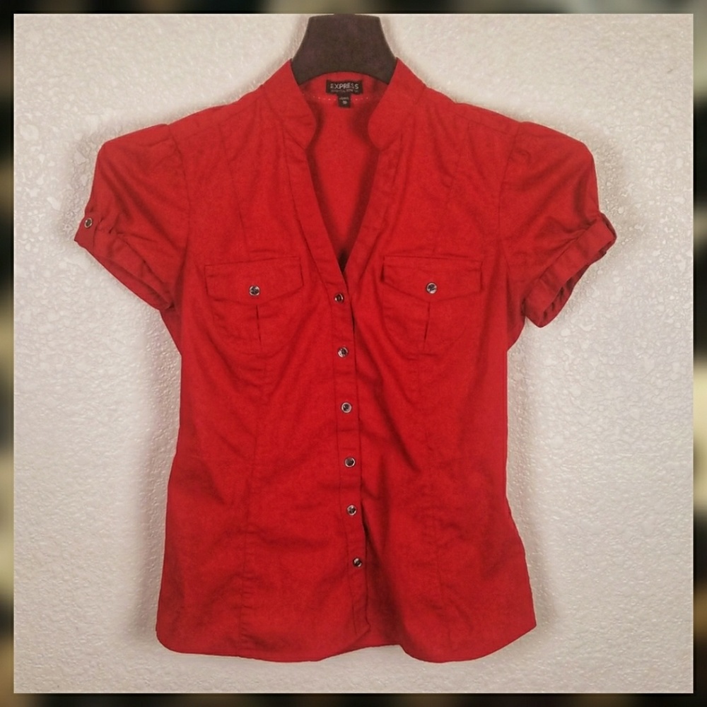 Express Short Sleeve Button Down Blouse Red XSP